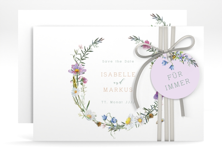 Save the Date-Karte Blumengarten A6 Karte quer bunt hochglanz mit Blumenkranz und Hummel