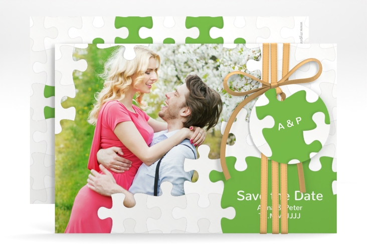 Save the Date-Karte Hochzeit Puzzle A6 Karte quer gruen hochglanz