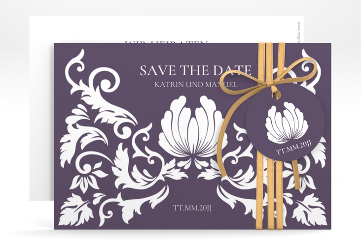 Save the Date-Karte Royal A6 Karte quer lila hochglanz mit barockem Blumen-Ornament