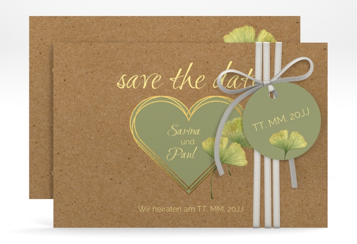 Save the Date-Karte Ginko A6 Karte quer mit Herz und zwei Ginkgo-Blättern