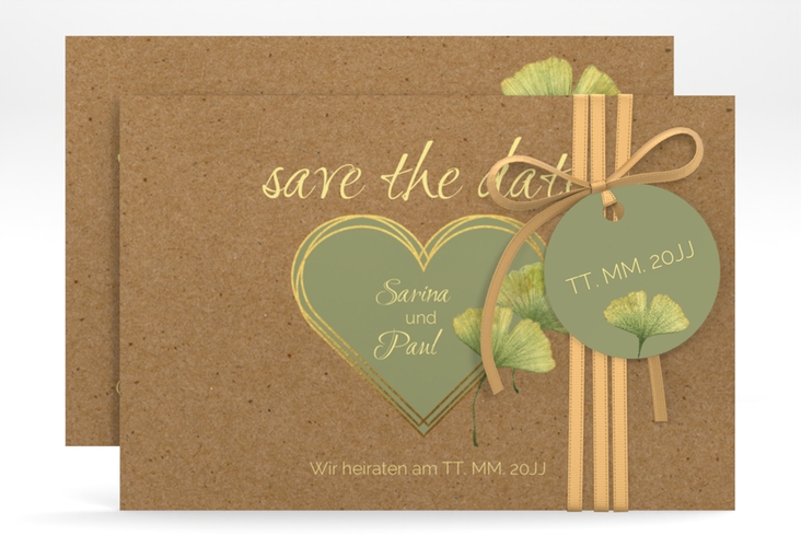 Save the Date-Karte Ginko A6 Karte quer hochglanz mit Herz und zwei Ginkgo-Blättern