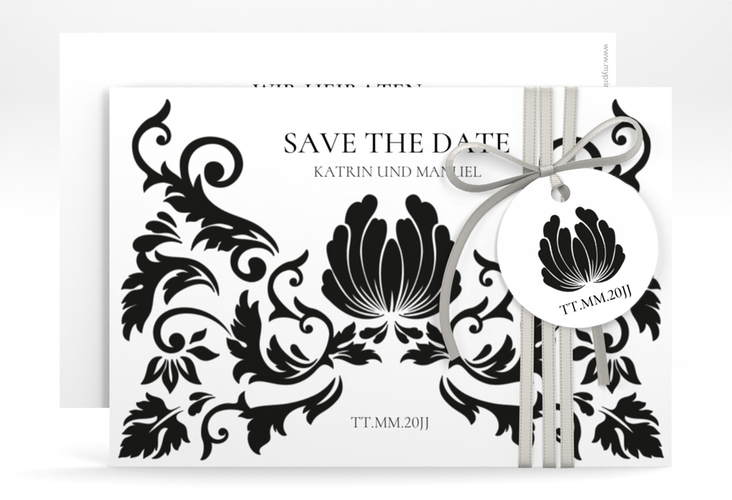 Save the Date-Karte Royal A6 Karte quer weiss hochglanz mit barockem Blumen-Ornament