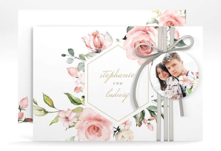 Save the Date-Karte Graceful A6 Karte quer weiss hochglanz mit Rosenblüten in Rosa und Weiß