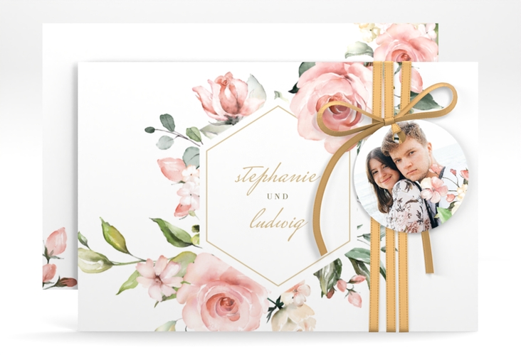 Save the Date-Karte Graceful A6 Karte quer weiss hochglanz mit Rosenblüten in Rosa und Weiß