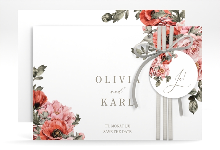 Save the Date-Karte Grazioso A6 Karte quer modern mit Mohnblumen und Rosen