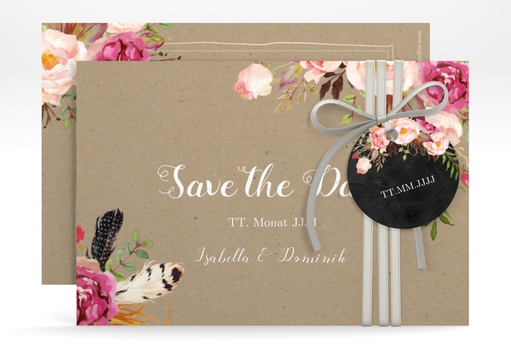 Save the Date-Karte Flowers A6 Karte quer Kraftpapier mit bunten Aquarell-Blumen