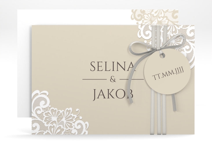 Save the Date-Karte Vintage A6 Karte quer beige mit floraler Spitze