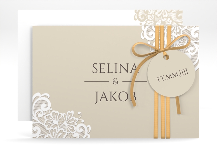 Save the Date-Karte Vintage A6 Karte quer beige mit floraler Spitze