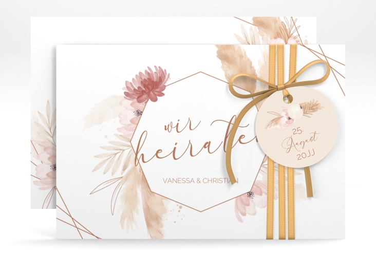 Save the Date-Karte Bohostyle A6 Karte quer beige mit Pampasgras in Aquarell