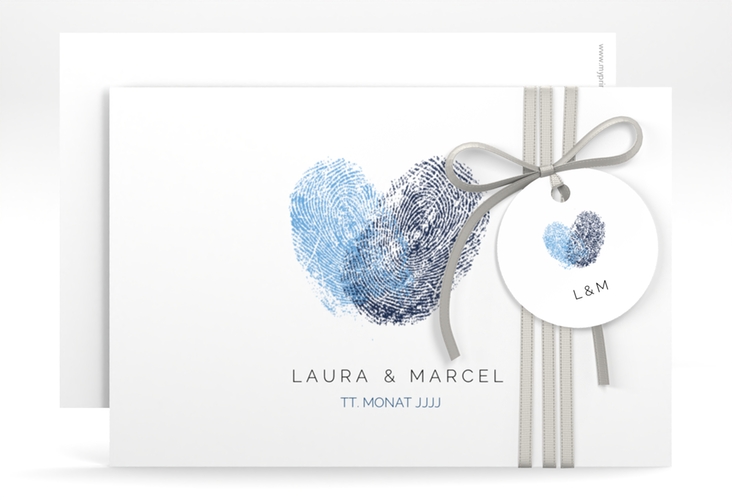 Save the Date-Karte Fingerprint A6 Karte quer blau hochglanz schlicht mit Fingerabdruck-Motiv