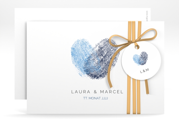 Save the Date-Karte Fingerprint A6 Karte quer blau hochglanz schlicht mit Fingerabdruck-Motiv