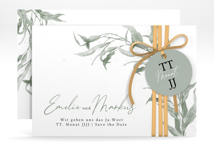 Save the Date-Karte Eucalyptus Green A6 Karte quer weiss