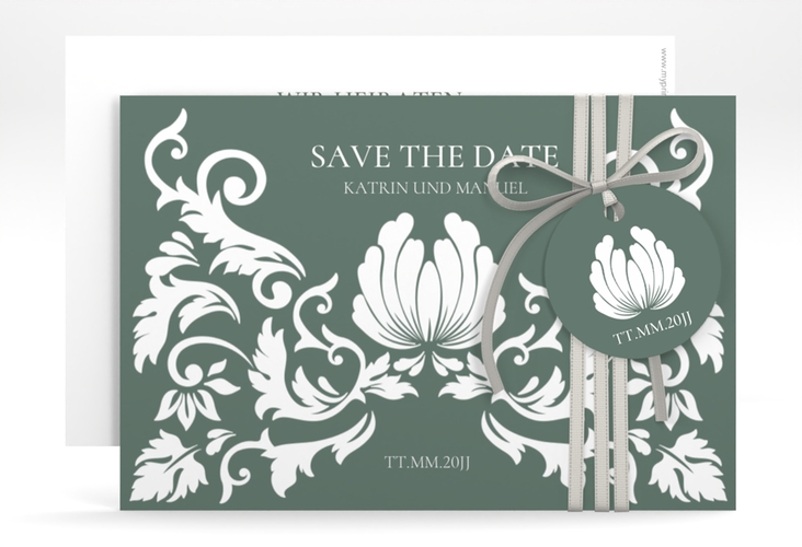 Save the Date-Karte Royal A6 Karte quer gruen mit barockem Blumen-Ornament