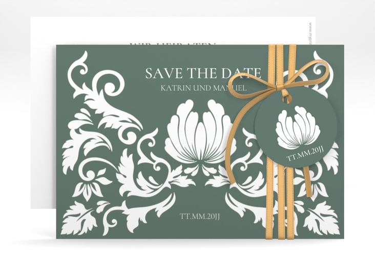 Save the Date-Karte Royal A6 Karte quer gruen mit barockem Blumen-Ornament