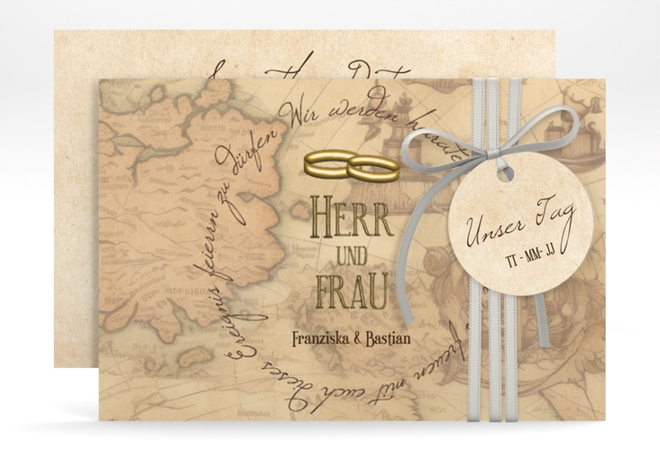 Save the Date-Karte Zwei Ringe A6 Karte quer beige mit Eheringen und Fantasy-Landkarte