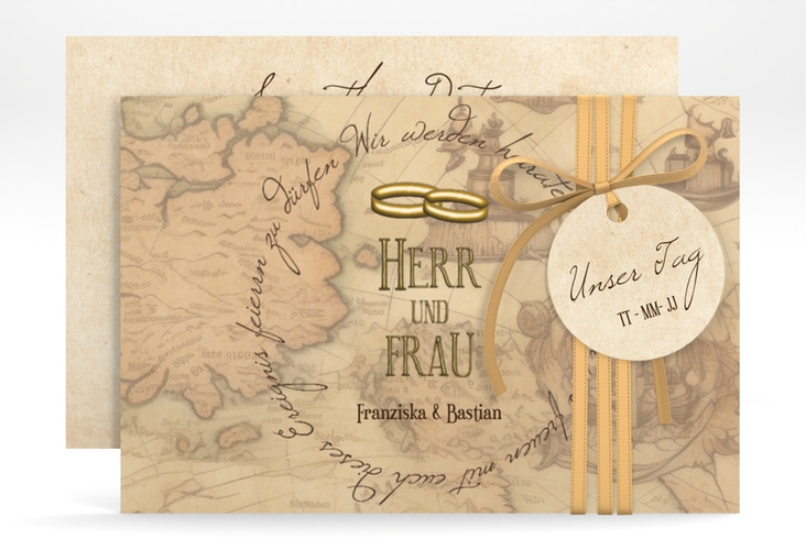 Save the Date-Karte Zwei Ringe A6 Karte quer beige mit Eheringen und Fantasy-Landkarte