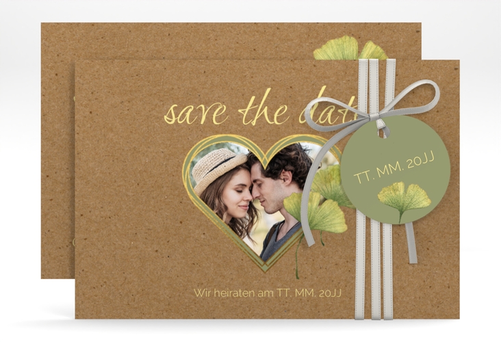 Save the Date-Karte Ginko A6 Karte quer mit Herz und zwei Ginkgo-Blättern