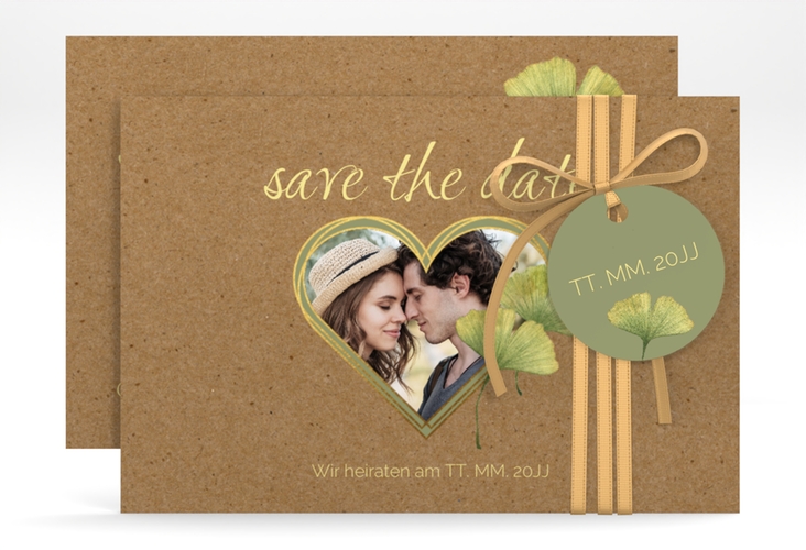 Save the Date-Karte Ginko A6 Karte quer mit Herz und zwei Ginkgo-Blättern