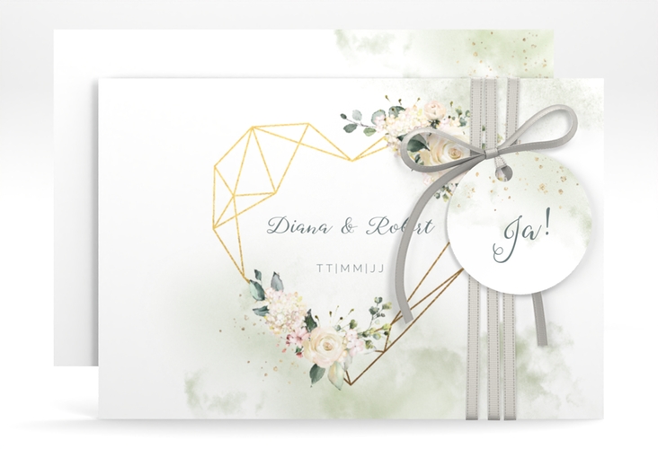 Save the Date-Karte Adore A6 Karte quer gruen mit geometrischem Herz und Rosen in Aquarell