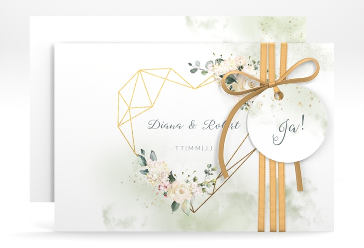 Save the Date-Karte Adore A6 Karte quer gruen mit geometrischem Herz und Rosen in Aquarell