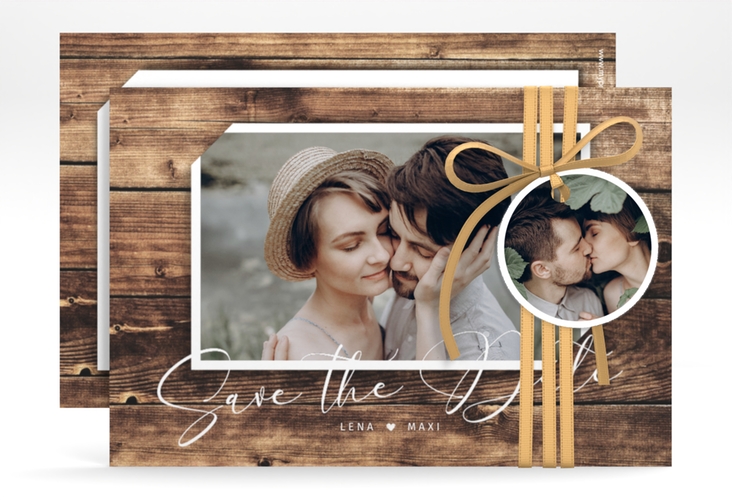 Save the Date-Karte Rustic A6 Karte quer in Holz-Optik mit Foto