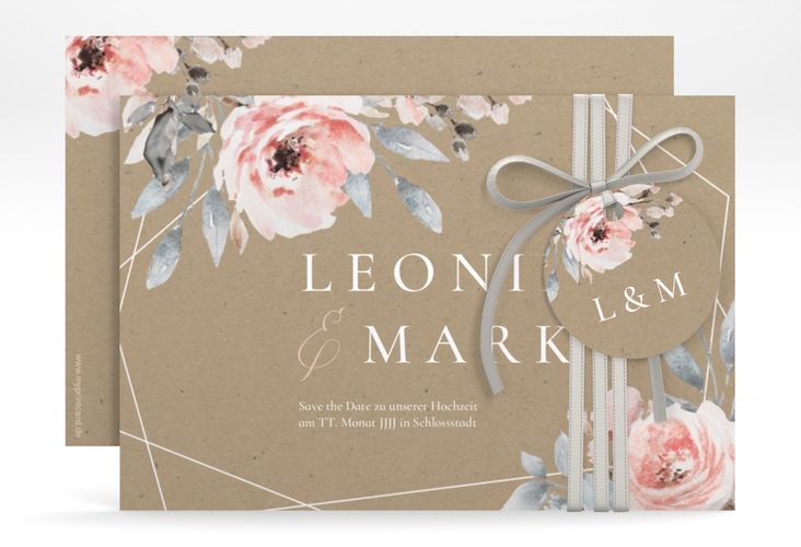 Save the Date-Karte Perfection A6 Karte quer Kraftpapier mit rosa Rosen