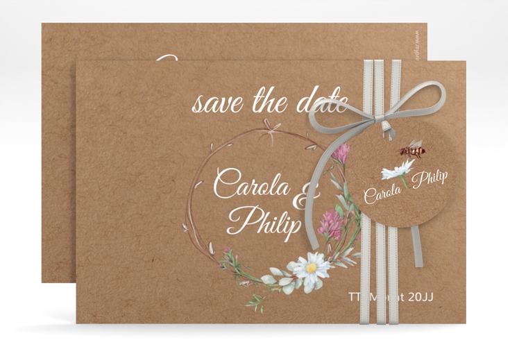 Save the Date-Karte Honey A6 Karte quer Kraftpapier mit Wiesenblumen und Biene