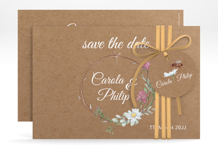 Save the Date-Karte Honey A6 Karte quer Kraftpapier mit Wiesenblumen und Biene