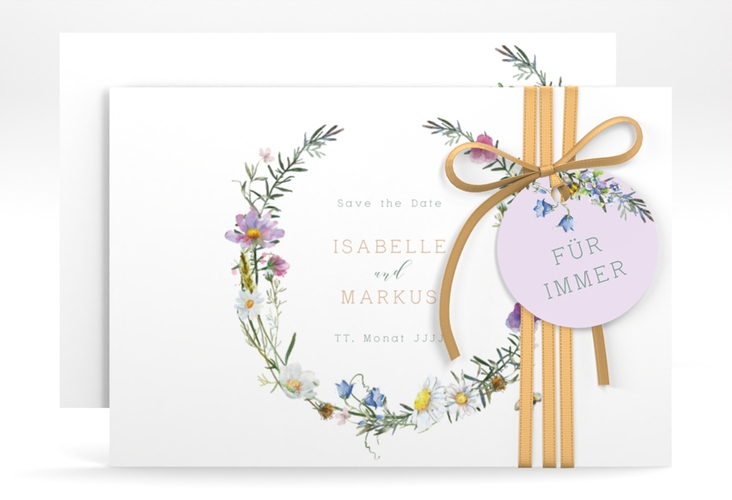 Save the Date-Karte Blumengarten A6 Karte quer mit Blumenkranz und Hummel