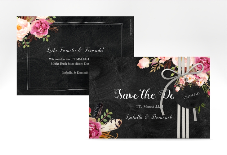 Save the Date-Karte Flowers A6 Karte quer schwarz mit bunten Aquarell-Blumen