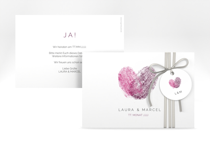 Save the Date-Karte Fingerprint A6 Karte quer pink schlicht mit Fingerabdruck-Motiv