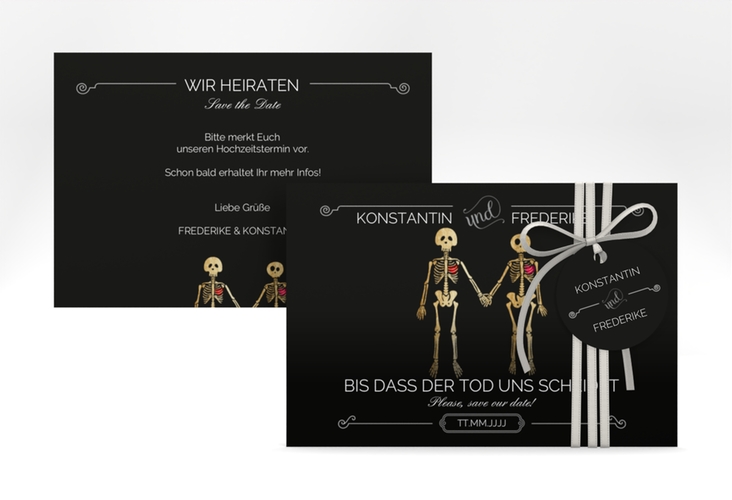 Save the Date-Karte Bones A6 Karte quer lustig mit Skelett-Brautpaar