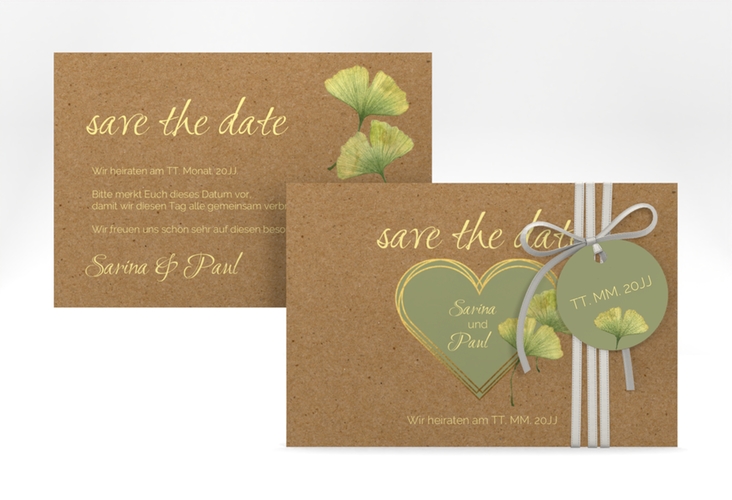 Save the Date-Karte Ginko A6 Karte quer Kraftpapier mit Herz und zwei Ginkgo-Blättern