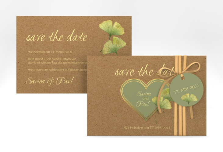 Save the Date-Karte Ginko A6 Karte quer Kraftpapier mit Herz und zwei Ginkgo-Blättern