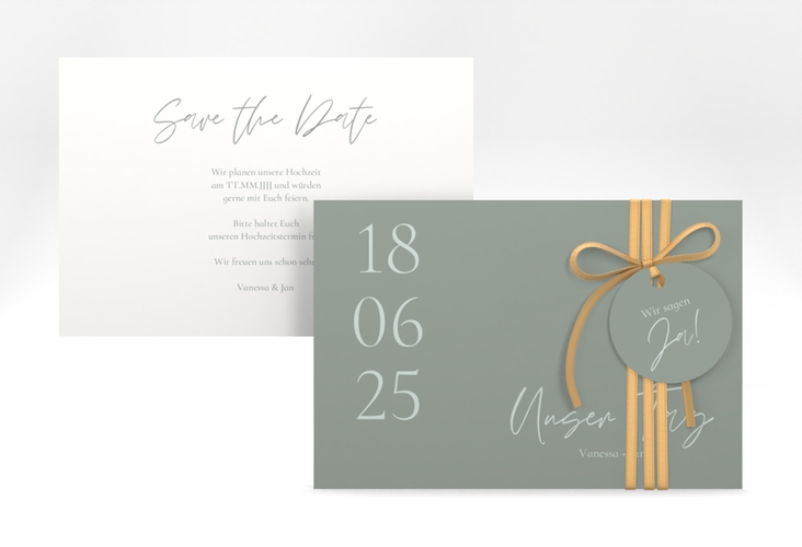 Save the Date-Karte Day A6 Karte quer gruen hochglanz mit Datum im minimalistischen Design