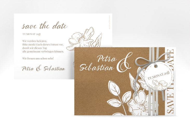 Save the Date-Karte Windflower A6 Karte quer Kraftpapier hochglanz mit Wildrosen