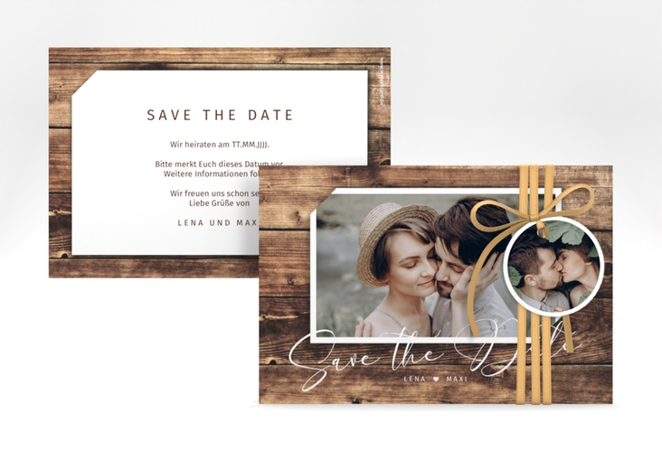 Save the Date-Karte Rustic A6 Karte quer in Holz-Optik mit Foto