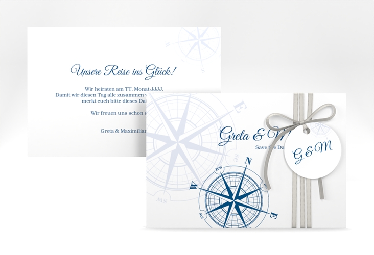 Save the Date-Karte Windrose A6 Karte quer blau