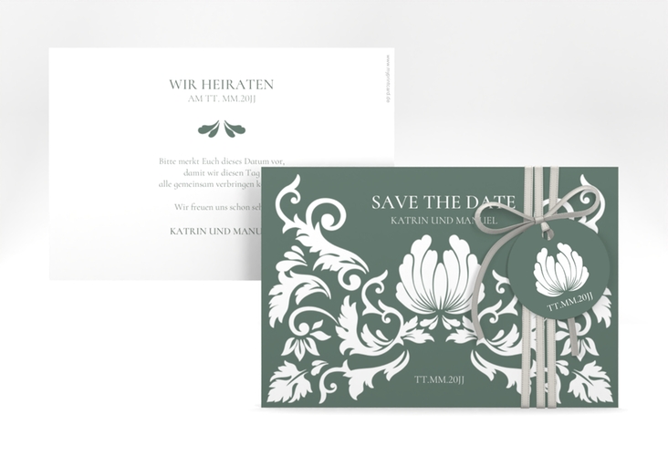 Save the Date-Karte Royal A6 Karte quer gruen mit barockem Blumen-Ornament