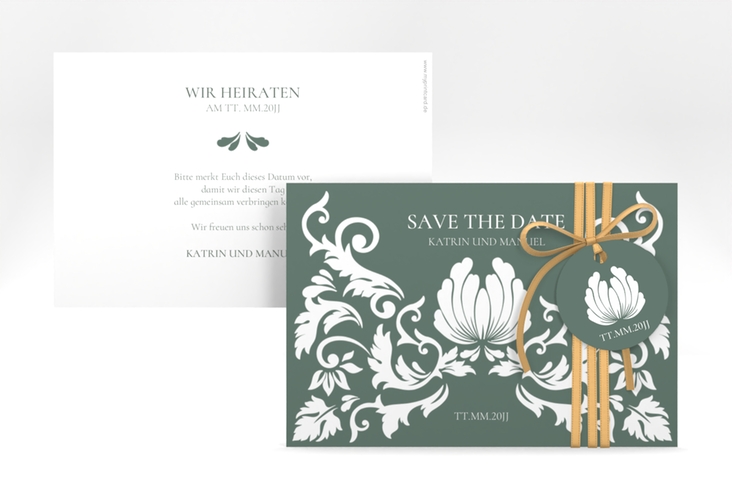 Save the Date-Karte Royal A6 Karte quer gruen mit barockem Blumen-Ornament