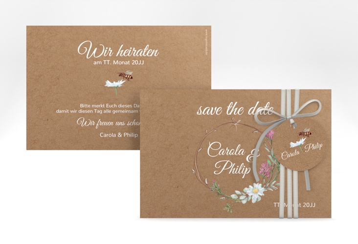 Save the Date-Karte Honey A6 Karte quer Kraftpapier mit Wiesenblumen und Biene