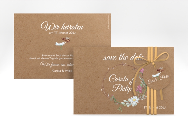 Save the Date-Karte Honey A6 Karte quer Kraftpapier hochglanz mit Wiesenblumen und Biene