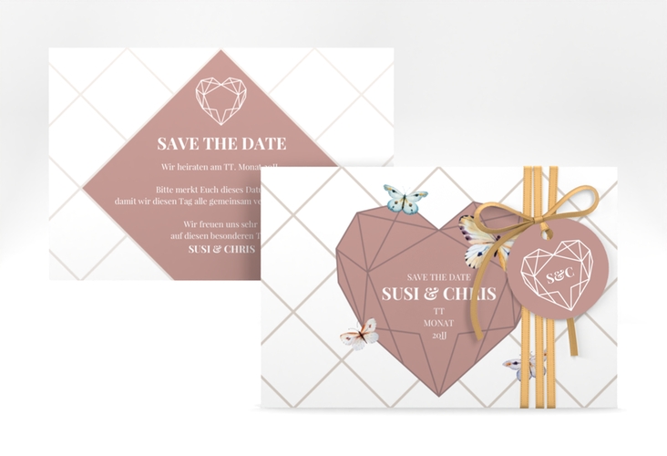 Save the Date-Karte Butterfly A6 Karte quer weiss hochglanz mit Schmetterlingen und Herz im Geometric Design