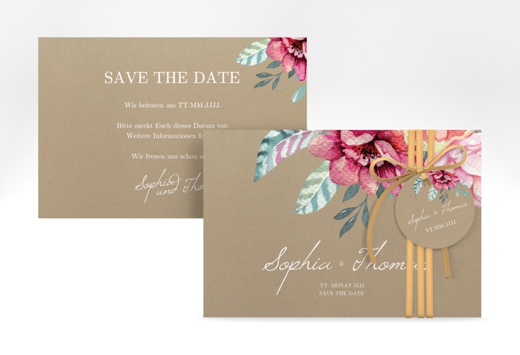 Save the Date-Karte Blooming A6 Karte quer Kraftpapier