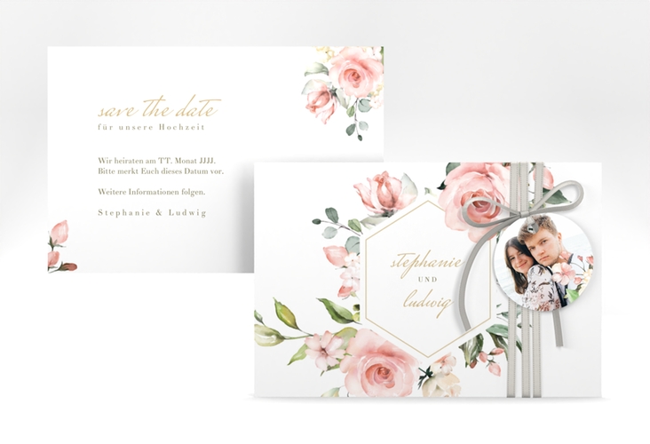 Save the Date-Karte Graceful A6 Karte quer weiss hochglanz mit Rosenblüten in Rosa und Weiß