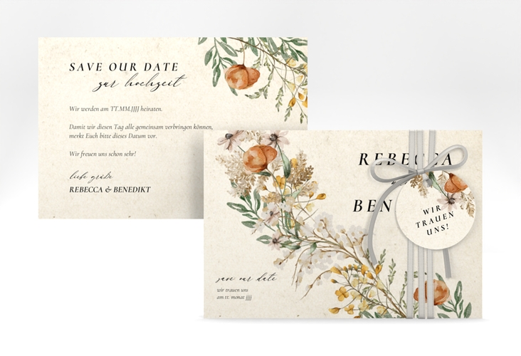 Save the Date-KarteWildfang A6 Karte quer beige hochglanz mit getrockneten Wiesenblumen