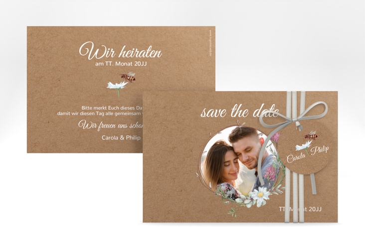 Save the Date-Karte Honey A6 Karte quer Kraftpapier hochglanz mit Wiesenblumen und Biene