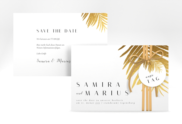 Save the Date-Karte Palmenblatt A6 Karte quer gold hochglanz mit Palmenwedel