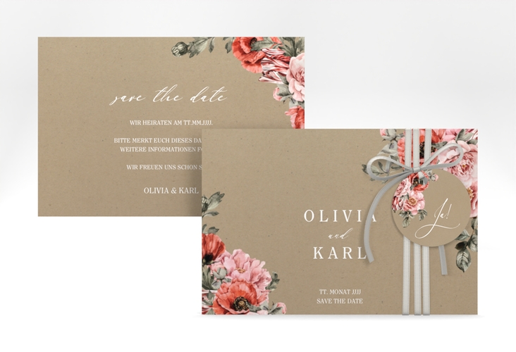 Save the Date-Karte Grazioso A6 Karte quer Kraftpapier modern mit Mohnblumen und Rosen