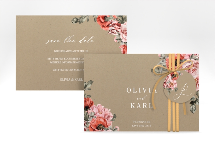 Save the Date-Karte Grazioso A6 Karte quer Kraftpapier modern mit Mohnblumen und Rosen